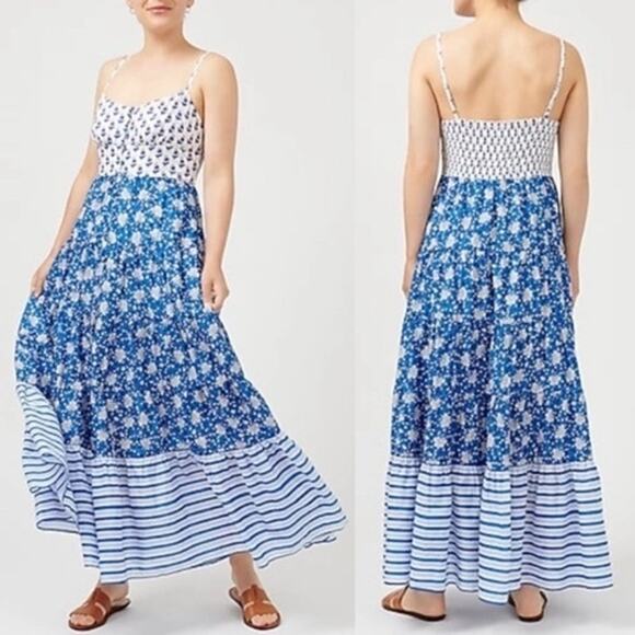 J. Crew Women's Button-Front Maxi Dress in Mixed Block Prints Blue White Size 16 - Picture 2 of 7